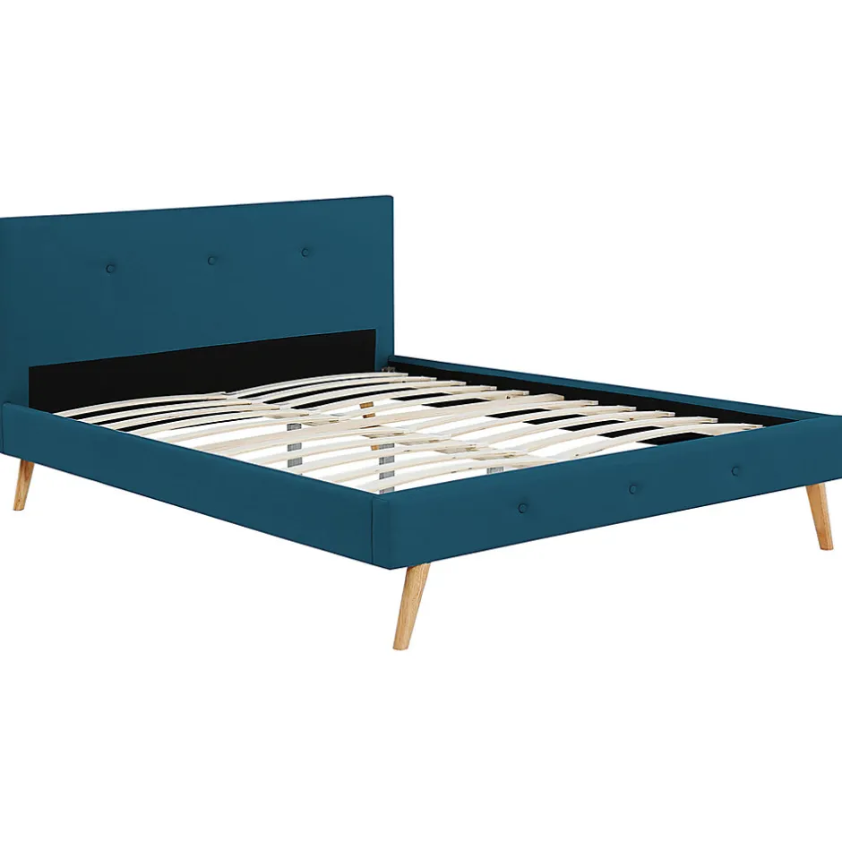 IDMarket Lit double scandinave OSLO avec tête de lit et sommier 160 x 200 cm tissu bleu canard