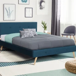 IDMarket Lit double scandinave OSLO avec tête de lit et sommier 140 x 190 cm tissu bleu canard