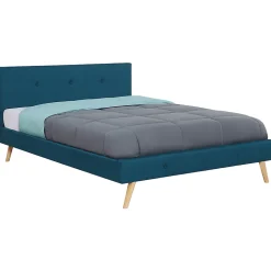 IDMarket Lit double scandinave OSLO avec tête de lit et sommier 140 x 190 cm tissu bleu canard