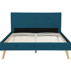 IDMarket Lit double scandinave OSLO avec tête de lit et sommier 140 x 190 cm tissu bleu canard