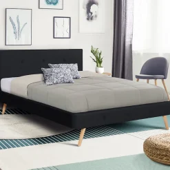 IDMarket Lit double scandinave OSLO avec tête de lit et sommier 160 x 200 cm tissu noir