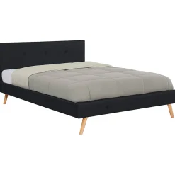 IDMarket Lit double scandinave OSLO avec tête de lit et sommier 160 x 200 cm tissu noir