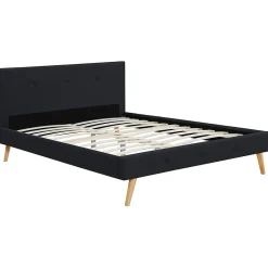 IDMarket Lit double scandinave OSLO avec tête de lit et sommier 160 x 200 cm tissu noir