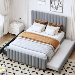 Enfant Blackcolors Lit double velours 140x190 cm, lit gigogne, 2 tiroirs - gris