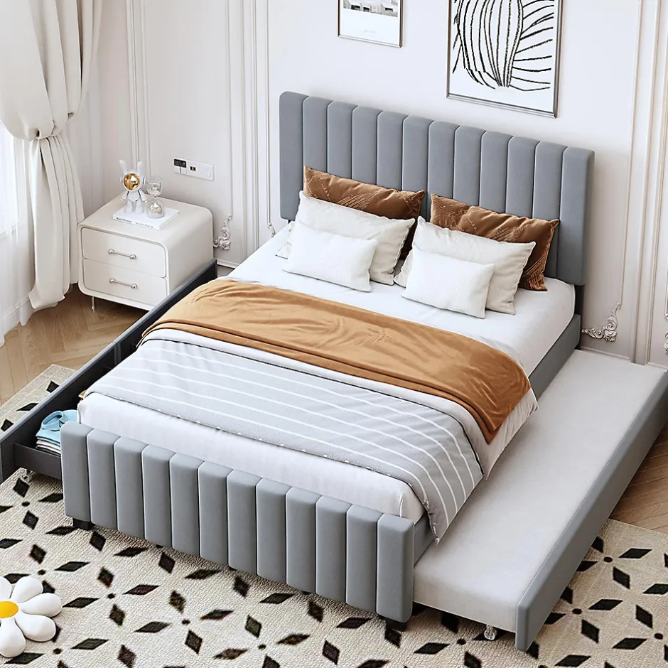 Enfant Blackcolors Lit double velours 140x190 cm, lit gigogne, 2 tiroirs - gris