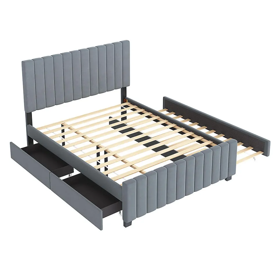 Enfant Blackcolors Lit double velours 140x190 cm, lit gigogne, 2 tiroirs - gris