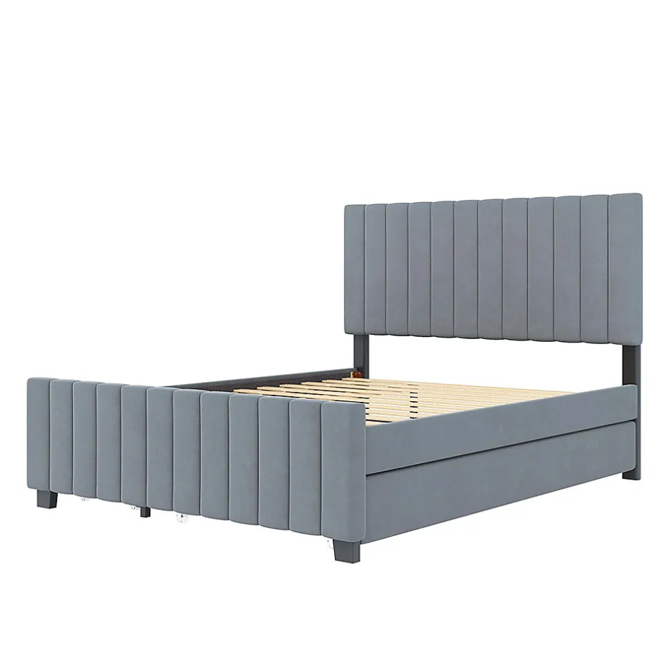 Enfant Blackcolors Lit double velours 140x190 cm, lit gigogne, 2 tiroirs - gris