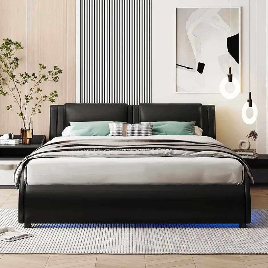 Okwish Lit Double 140x200 - Lit avec Éclairage LED et Sommier À Lattes, Sans Matelas, Simili Cuir Noir Discount