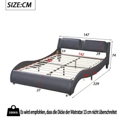 Okwish Lit Double 140x200 - Lit avec Éclairage LED et Sommier À Lattes, Sans Matelas, Simili Cuir Noir Discount
