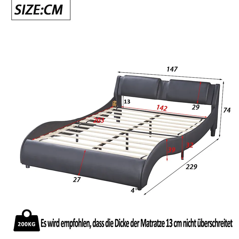 Okwish Lit Double 140x200 - Lit avec Éclairage LED et Sommier À Lattes, Sans Matelas, Simili Cuir Noir Discount