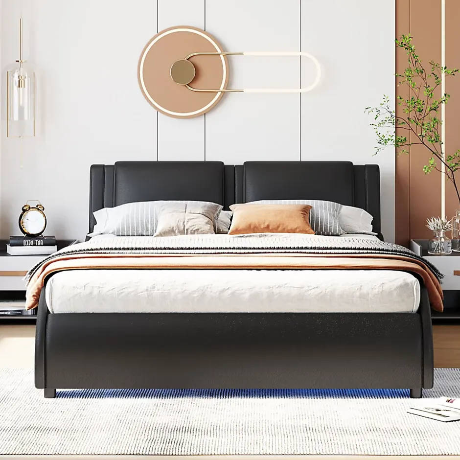 Okwish Lit Double 140x200 - Lit avec Éclairage LED et Sommier À Lattes, Sans Matelas, Simili Cuir Noir Discount