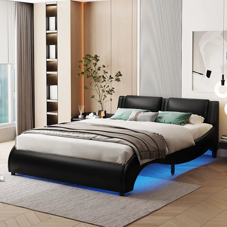 Okwish Lit Double 140x200 - Lit avec Éclairage LED et Sommier À Lattes, Sans Matelas, Simili Cuir Noir Discount