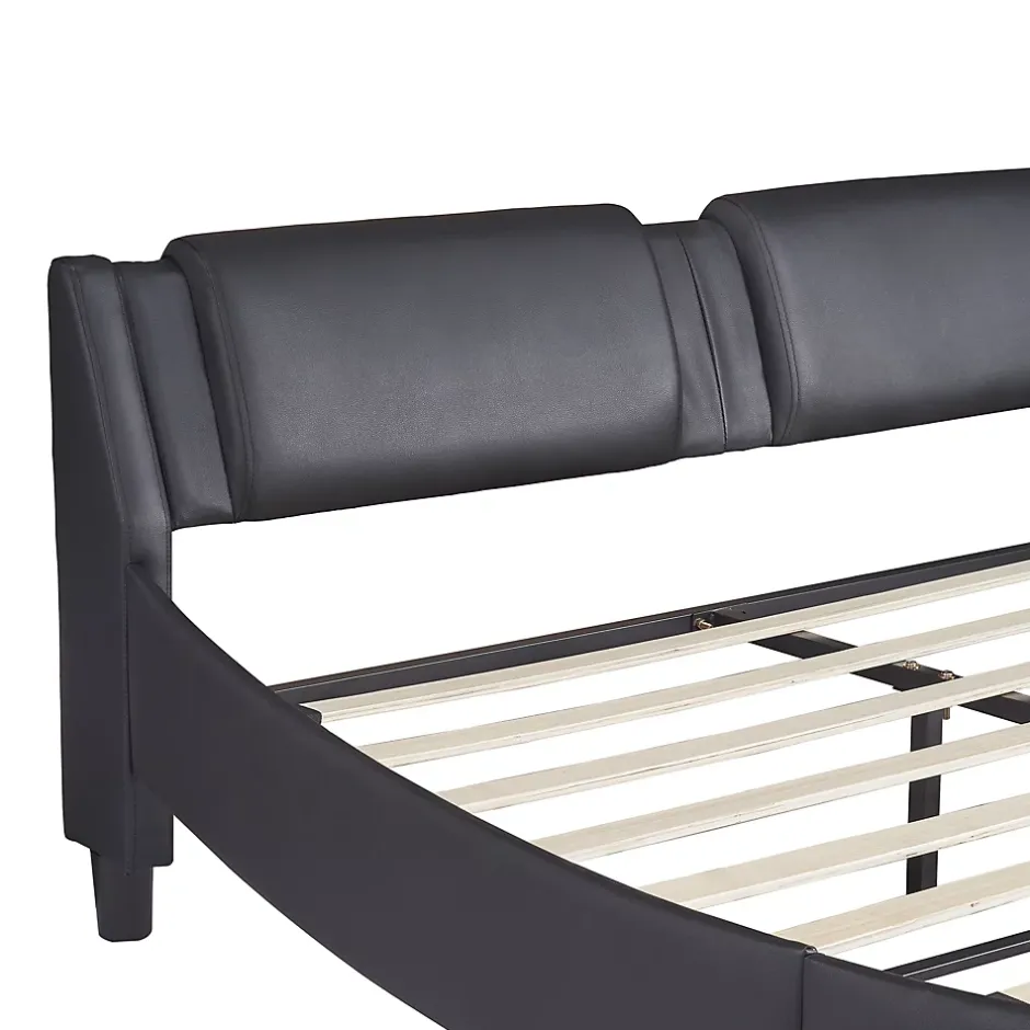 Okwish Lit Double 140x200 - Lit avec Éclairage LED et Sommier À Lattes, Sans Matelas, Simili Cuir Noir Discount