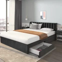 Generique Lit Double 180x200 - Lit Capitonné en Velours Noir avec 2 Tiroirs, Lit Adulte Moderne avec Rangement Sale