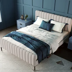 Generique Lit double 160x200 - Lit rembourré avec cadre en bois et métal - Lin - Sans Matelas - Beige Best