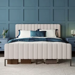 Generique Lit double 160x200 - Lit rembourré avec cadre en bois et métal - Lin - Sans Matelas - Beige Best