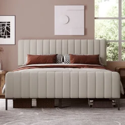 Generique Lit double 180x200 - Lit rembourré avec cadre en bois et métal - Lin - Sans Matelas - Beige