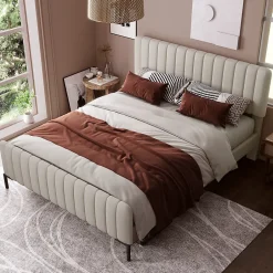 Generique Lit double 180x200 - Lit rembourré avec cadre en bois et métal - Lin - Sans Matelas - Beige