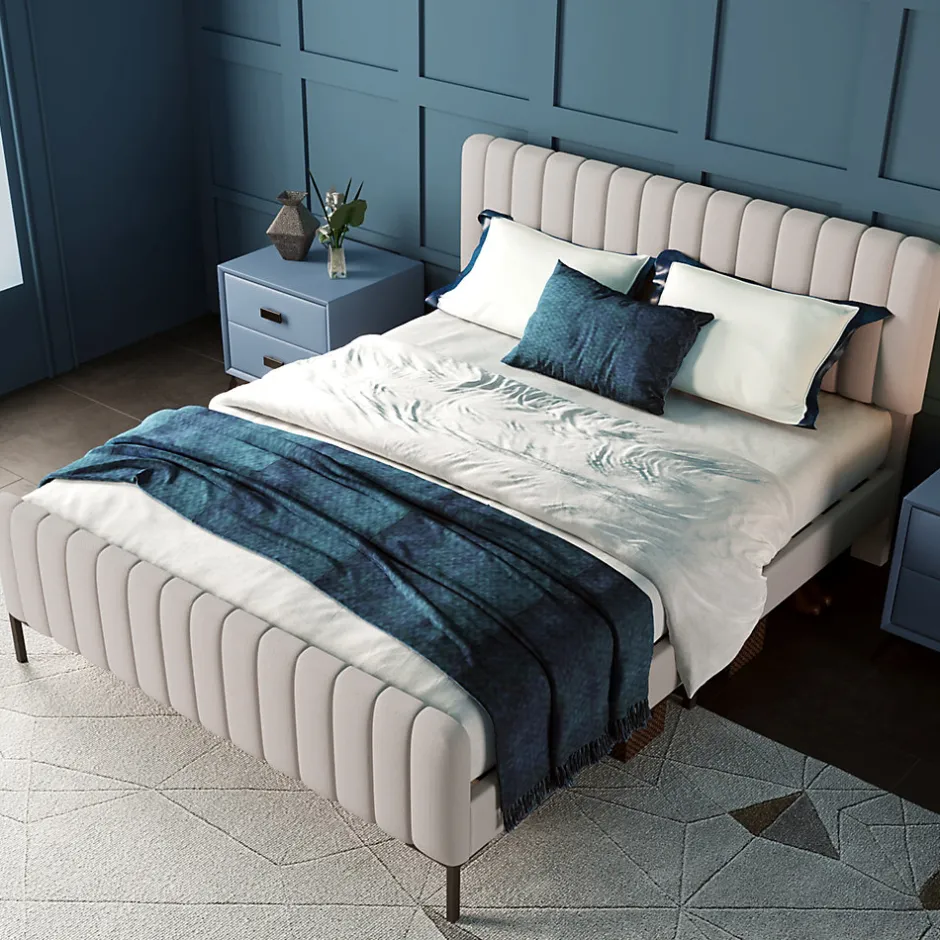 Generique Lit double 140x200 - Lit rembourré avec cadre en bois et métal - Lin - Sans Matelas - Beige