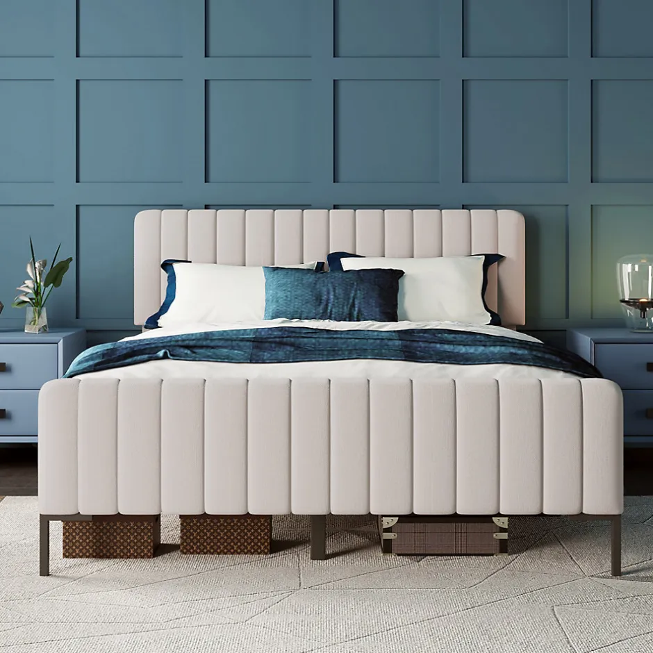Generique Lit double 140x200 - Lit rembourré avec cadre en bois et métal - Lin - Sans Matelas - Beige
