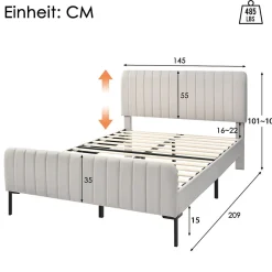 Generique Lit double 140x200 - Lit rembourré avec cadre en bois et métal - Lin - Sans Matelas - Beige