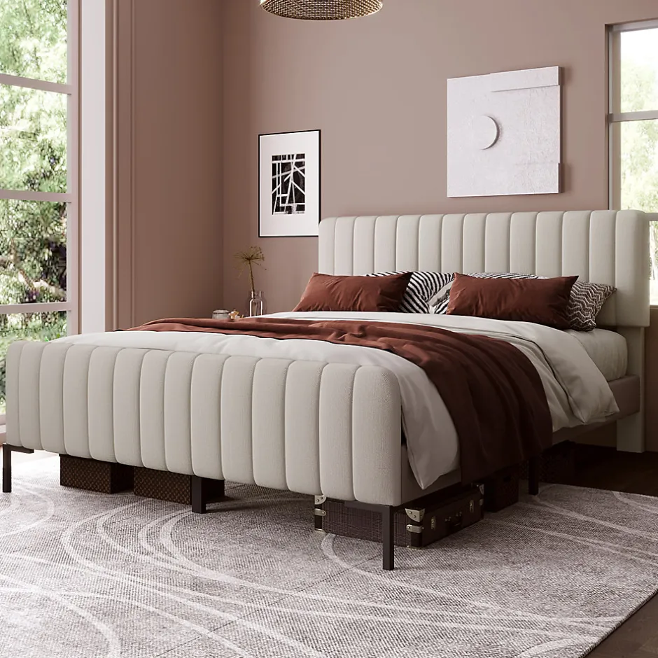 Generique Lit double 140x200 - Lit rembourré avec cadre en bois et métal - Lin - Sans Matelas - Beige