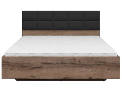 Pegane Lit double 160x200 avec tête de lit rembourrée noir ,coloris Chêne marron foncé - L. 206 x P. 165 x H. 42-98,5 cm