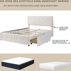 Okwish Lit Double 140x200 cm - avec 4 Tiroirs, Lit Confortable en Velours, Tête de Lit capitonnée, Sans Matelas, Beige Discount