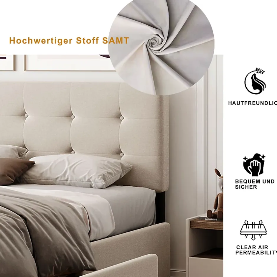 Okwish Lit Double 140x200 cm - avec 4 Tiroirs, Lit Confortable en Velours, Tête de Lit capitonnée, Sans Matelas, Beige Discount