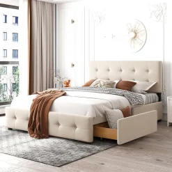 Okwish Lit Double 140x200 cm - avec 4 Tiroirs, Lit Confortable en Velours, Tête de Lit capitonnée, Sans Matelas, Beige Discount