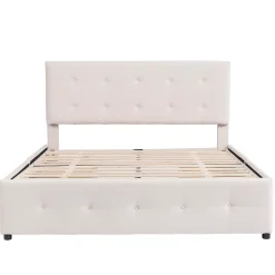 Okwish Lit Double 140x200 cm - avec 4 Tiroirs, Lit Confortable en Velours, Tête de Lit capitonnée, Sans Matelas, Beige Discount