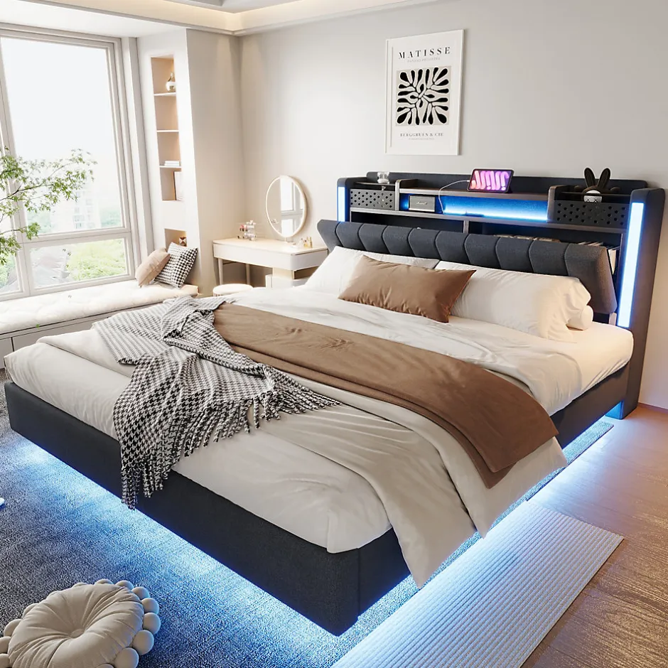 Okwish Lit Double 160x200 cm - avec Coffre de Rangement, LED et Port USB Intégré, Sans Matelas, Tissu Lin, Gris Sale