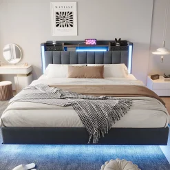 Okwish Lit Double 160x200 cm - avec Coffre de Rangement, LED et Port USB Intégré, Sans Matelas, Tissu Lin, Gris Sale