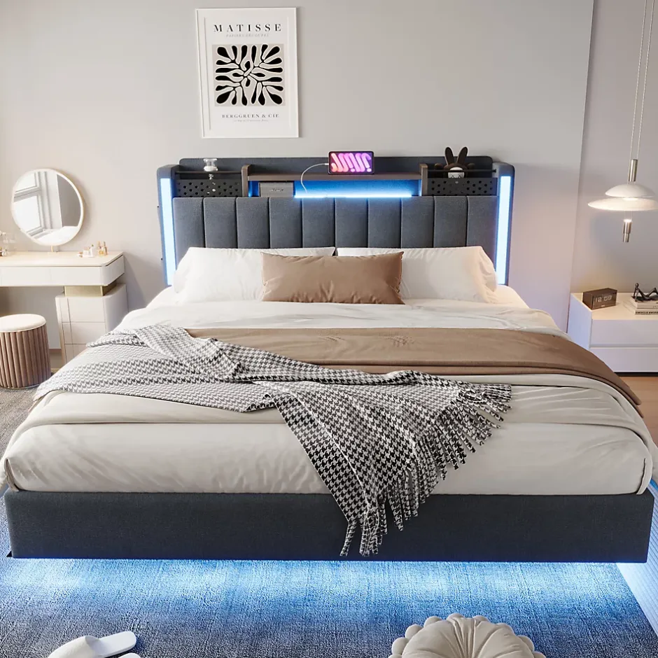 Okwish Lit Double 160x200 cm - avec Coffre de Rangement, LED et Port USB Intégré, Sans Matelas, Tissu Lin, Gris Sale