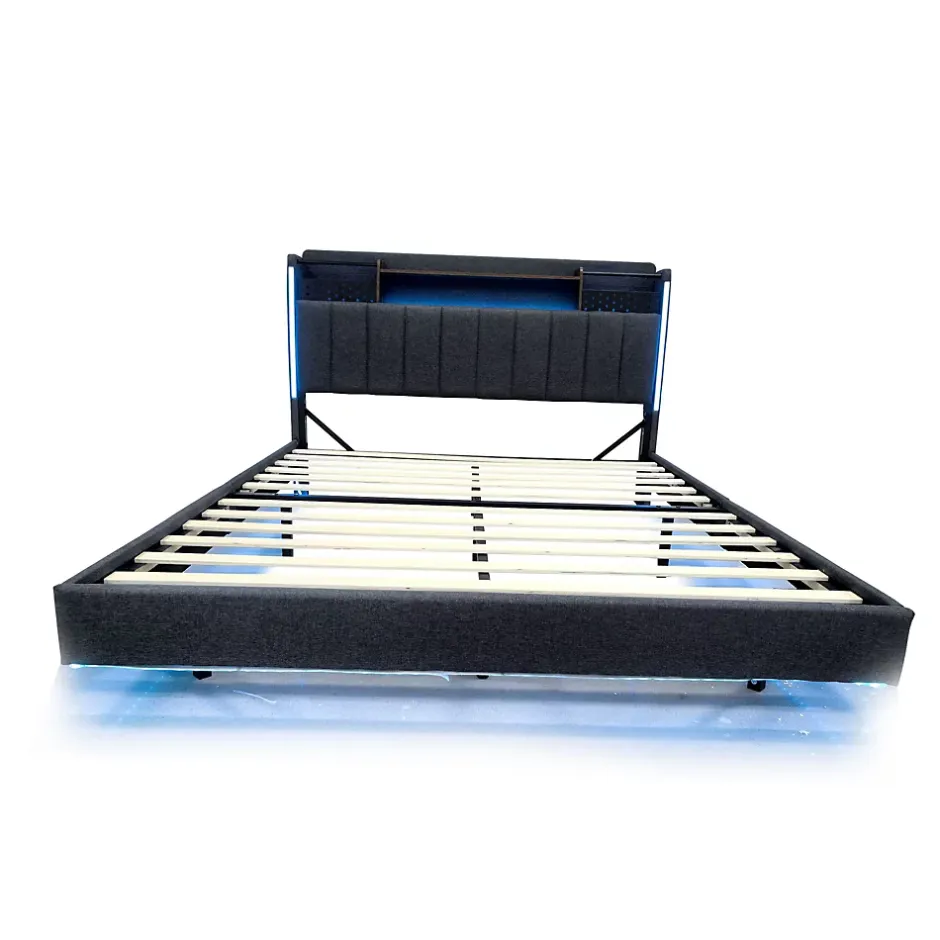 Okwish Lit Double 160x200 cm - avec Coffre de Rangement, LED et Port USB Intégré, Sans Matelas, Tissu Lin, Gris Sale