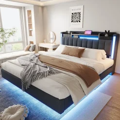 Okwish Lit Double 160x200 cm - avec Coffre de Rangement, LED et Port USB Intégré, Sans Matelas, Tissu Lin, Gris Sale