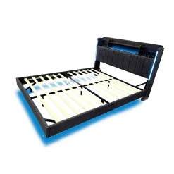 Okwish Lit Double 160x200 cm - avec Coffre de Rangement, LED et Port USB Intégré, Sans Matelas, Tissu Lin, Gris Sale