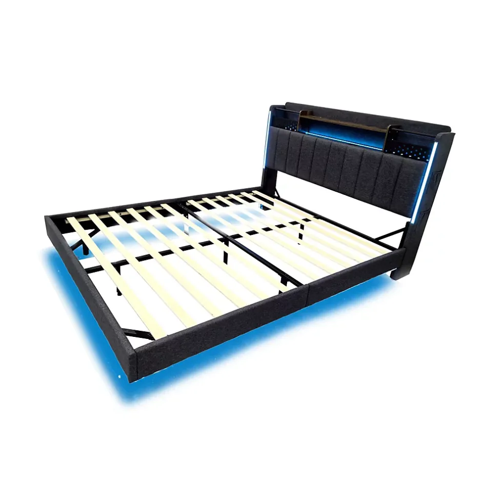 Okwish Lit Double 160x200 cm - avec Coffre de Rangement, LED et Port USB Intégré, Sans Matelas, Tissu Lin, Gris Sale