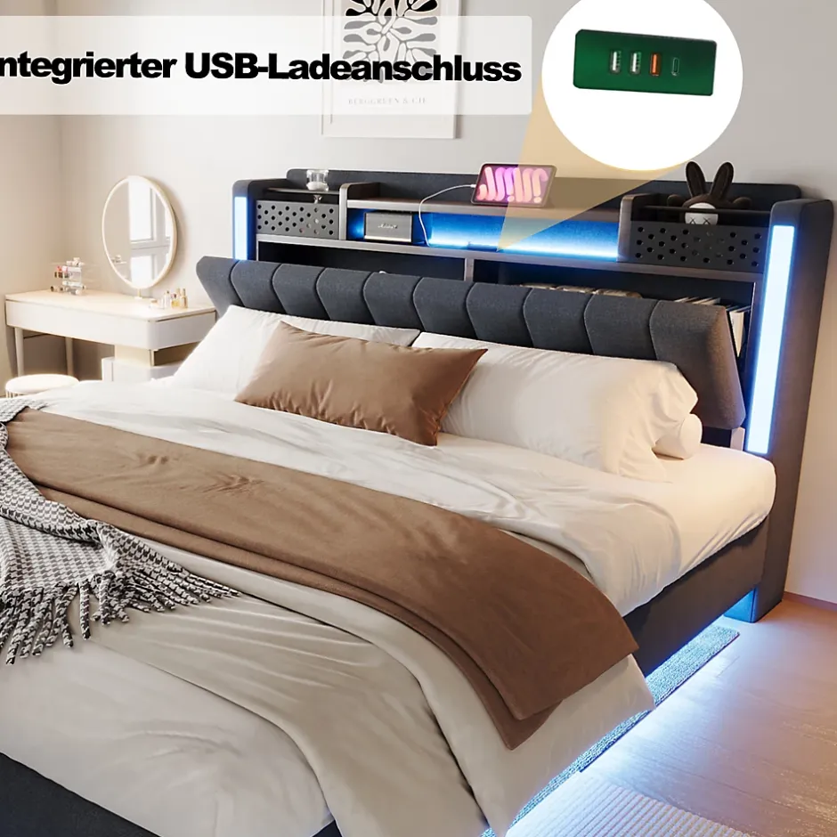 Okwish Lit Double 160x200 cm - avec Coffre de Rangement, LED et Port USB Intégré, Sans Matelas, Tissu Lin, Gris Sale