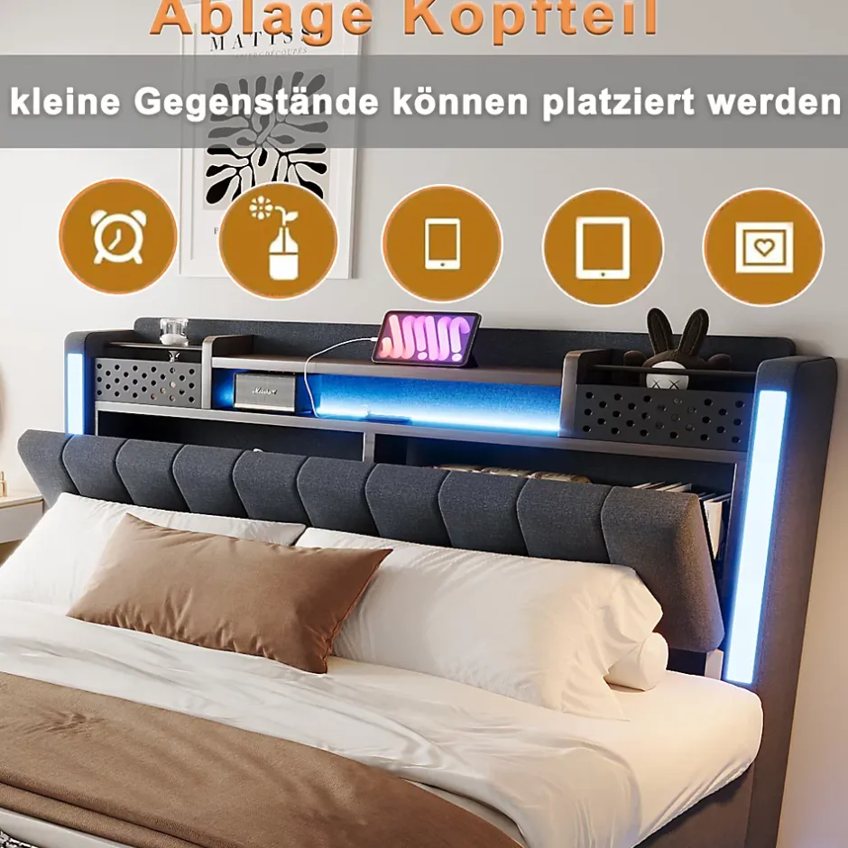 Okwish Lit Double 160x200 cm - avec Coffre de Rangement, LED et Port USB Intégré, Sans Matelas, Tissu Lin, Gris Sale