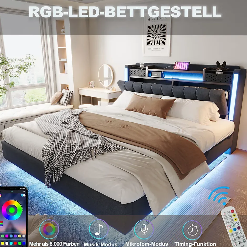 Okwish Lit Double 160x200 cm - avec Coffre de Rangement, LED et Port USB Intégré, Sans Matelas, Tissu Lin, Gris Sale