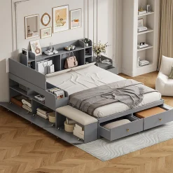 Okwish Lit Double 140x200 cm - avec Rangement Intégré et Tiroirs Latéraux, Banc Coffre pour Gain de Place - Gris