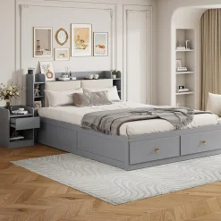 Okwish Lit Double 140x200 cm - avec Rangement Intégré et Tiroirs Latéraux, Banc Coffre pour Gain de Place - Gris