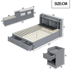 Okwish Lit Double 140x200 cm - avec Rangement Intégré et Tiroirs Latéraux, Banc Coffre pour Gain de Place - Gris