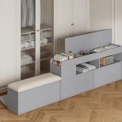 Okwish Lit Double 140x200 cm - avec Rangement Intégré et Tiroirs Latéraux, Banc Coffre pour Gain de Place - Gris
