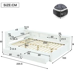 Okwish Lit Double 140x200 cm - avec Rangement, Tiroirs sous le Lit, Chargeur et Lumière Intégrée, en MDF Blanc, Sans Matelas