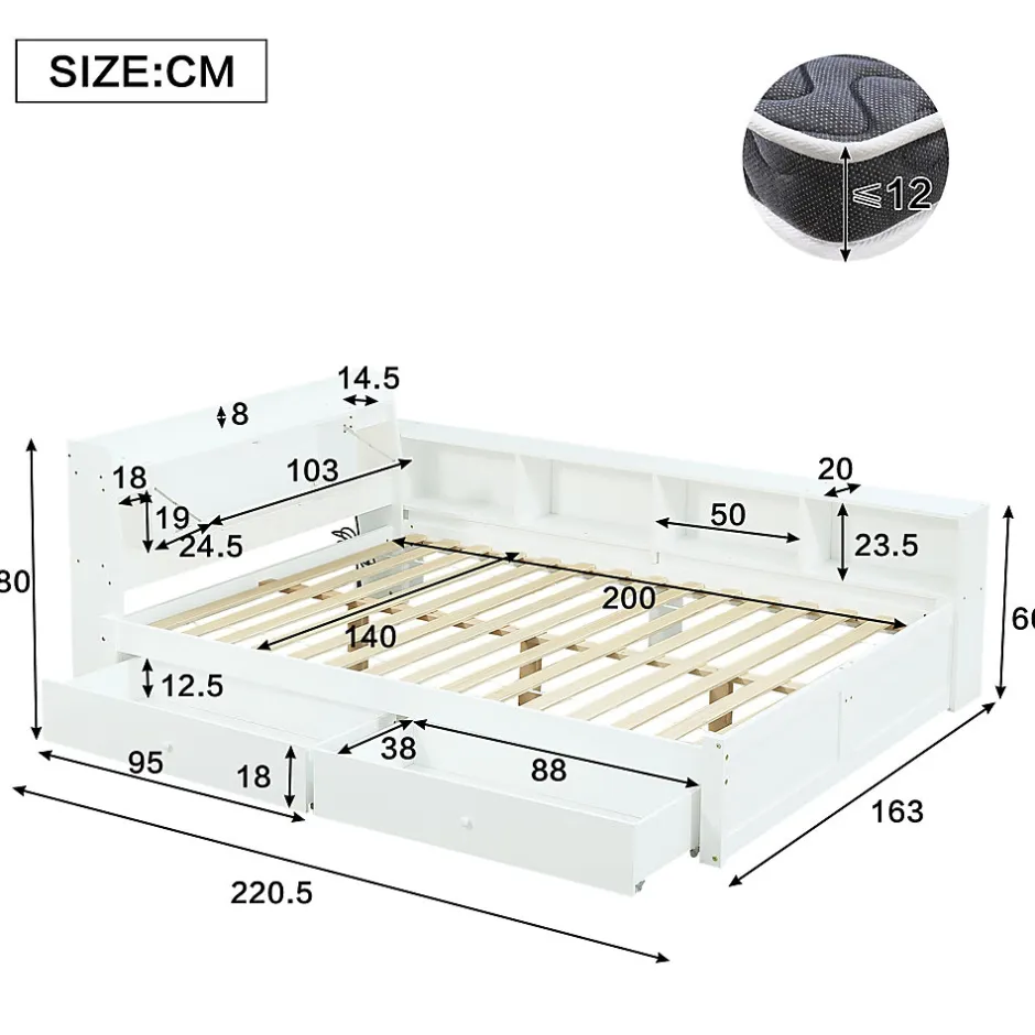 Okwish Lit Double 140x200 cm - avec Rangement, Tiroirs sous le Lit, Chargeur et Lumière Intégrée, en MDF Blanc, Sans Matelas