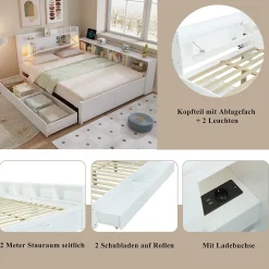 Okwish Lit Double 140x200 cm - avec Rangement, Tiroirs sous le Lit, Chargeur et Lumière Intégrée, en MDF Blanc, Sans Matelas