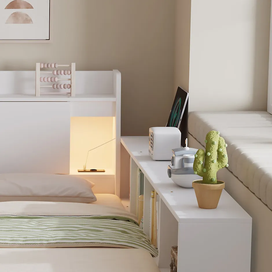 Okwish Lit Double 140x200 cm - avec Rangement, Tiroirs sous le Lit, Chargeur et Lumière Intégrée, en MDF Blanc, Sans Matelas