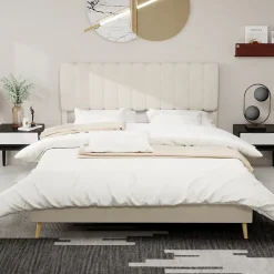 Okwish Lit Double 160x200 cm - avec Tête de Lit Douce et Base Basse Anti-Poussière, Cadre Confortable, en Velours, Beige, Sans Matelas Sale